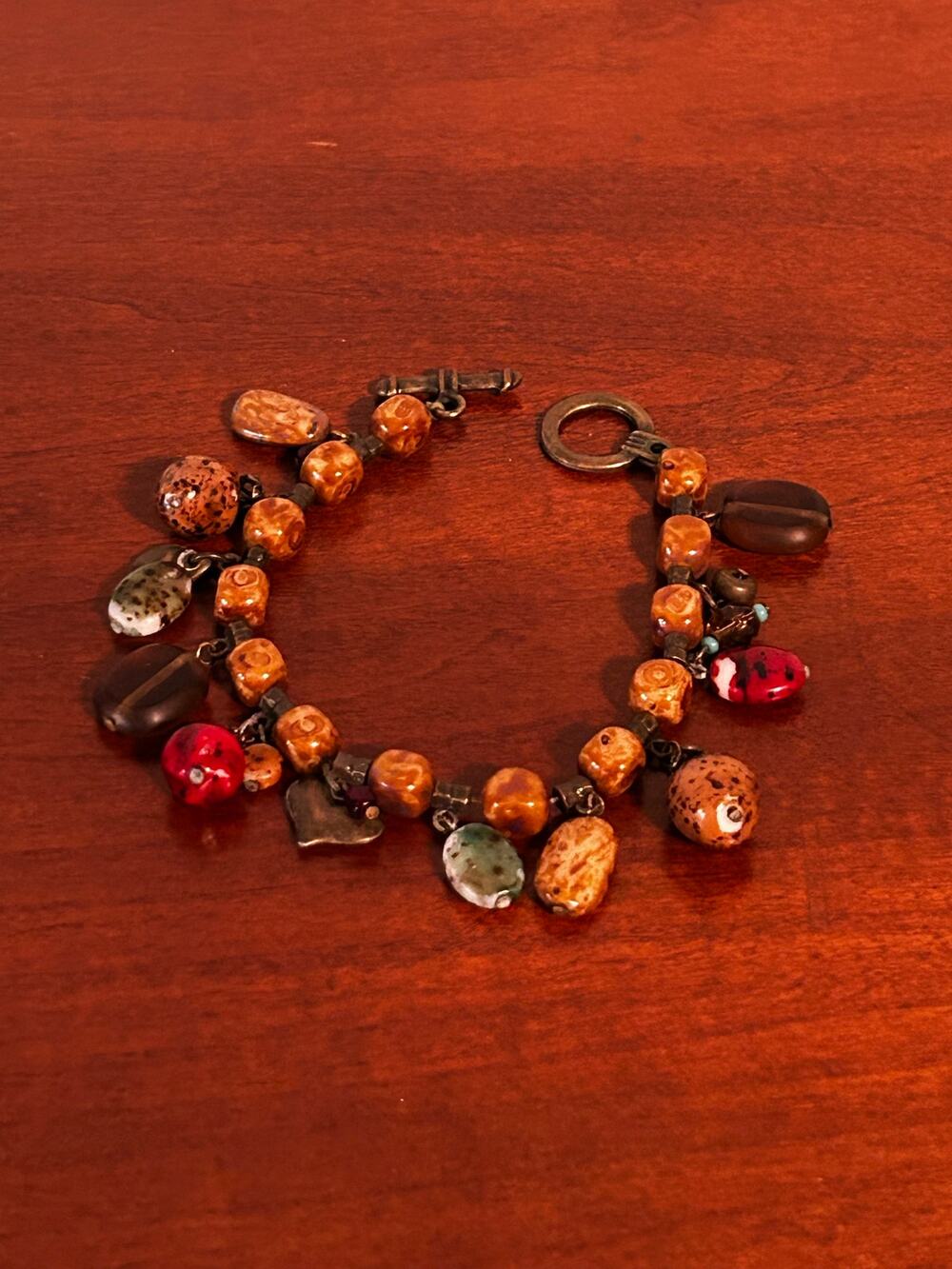Red Coral & Earthy Brown Beaded Cha Cha Charm Bracelet 7.5" Toggle